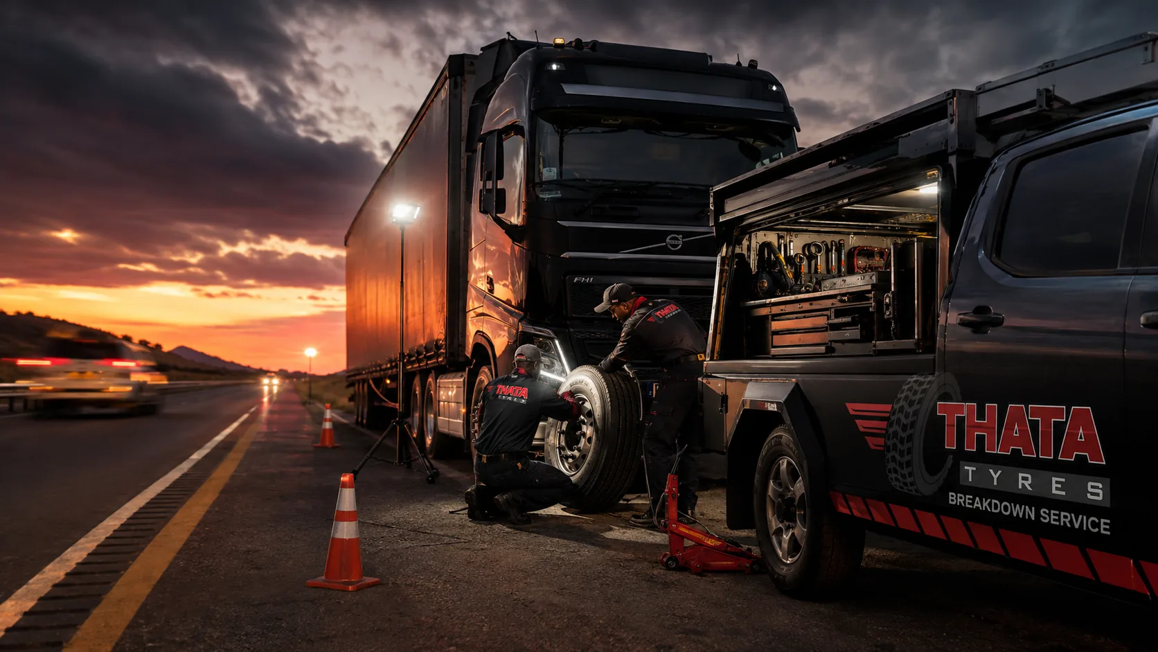Thata Tyres technicians changing a truck tyre on the roadside